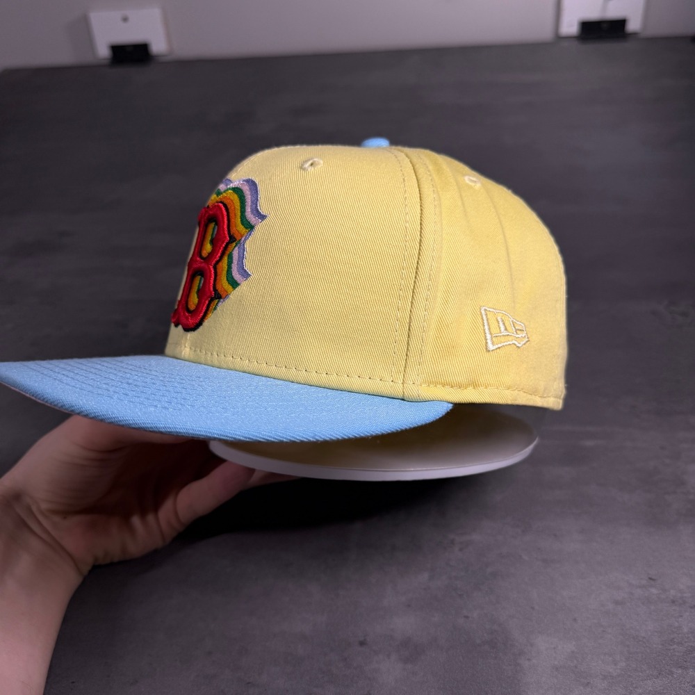 New Era Boston Red Sox Fitted Hat Mens 7 5/8 Yellow Blue Bad Bunny Pink UV Cap - Picture 3 of 8